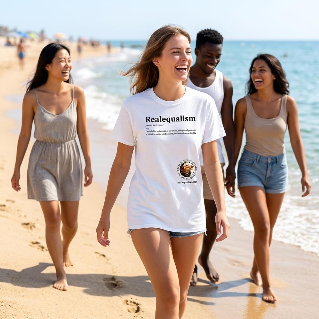 Gelato Realequalism Definition 100% Cotton T-Shirt with black lettering on white print material, casual and comfortable clothing.