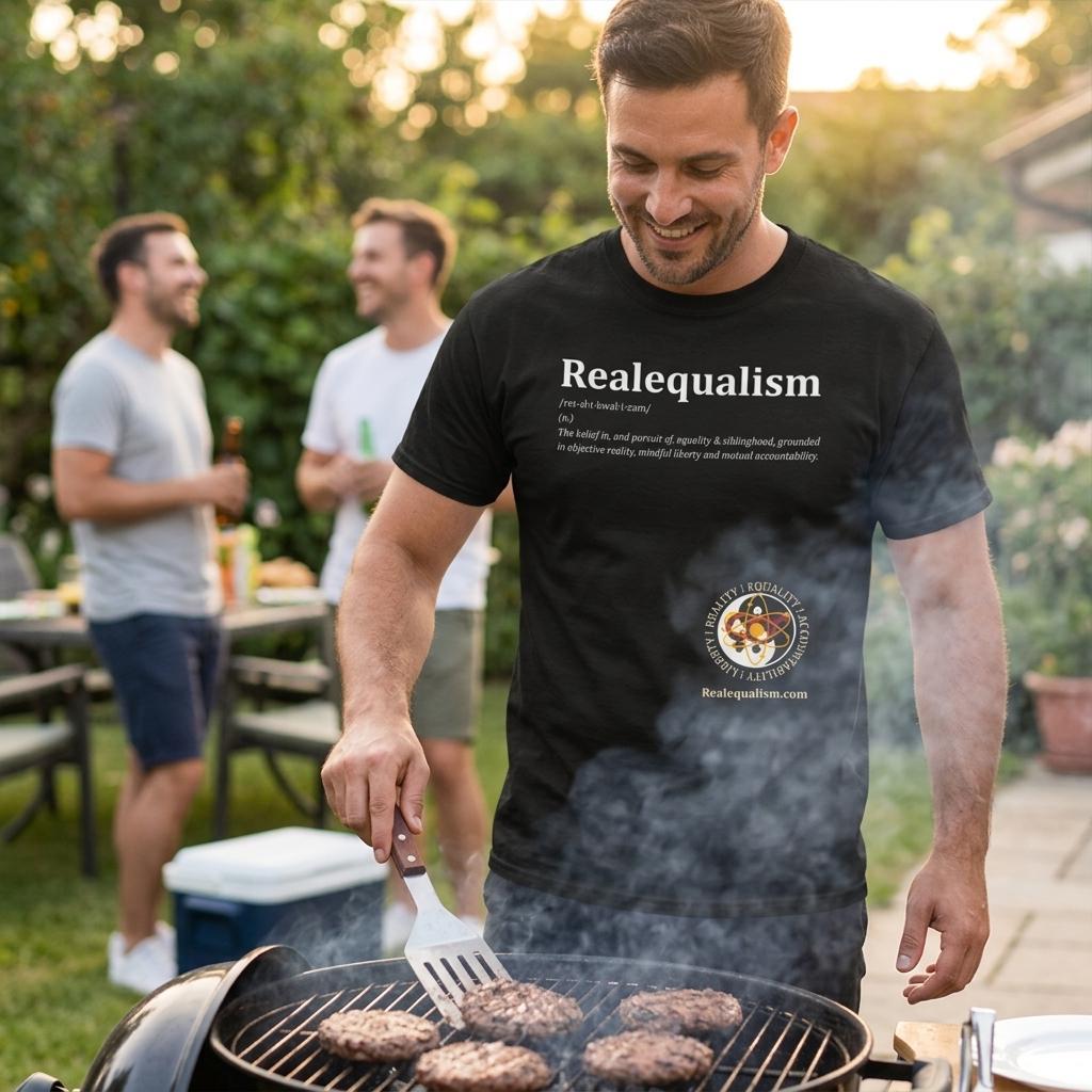 White Gelato Realequalism Definition 100% Cotton T-shirt with black print and lettering, showcasing a casual, comfortable design.