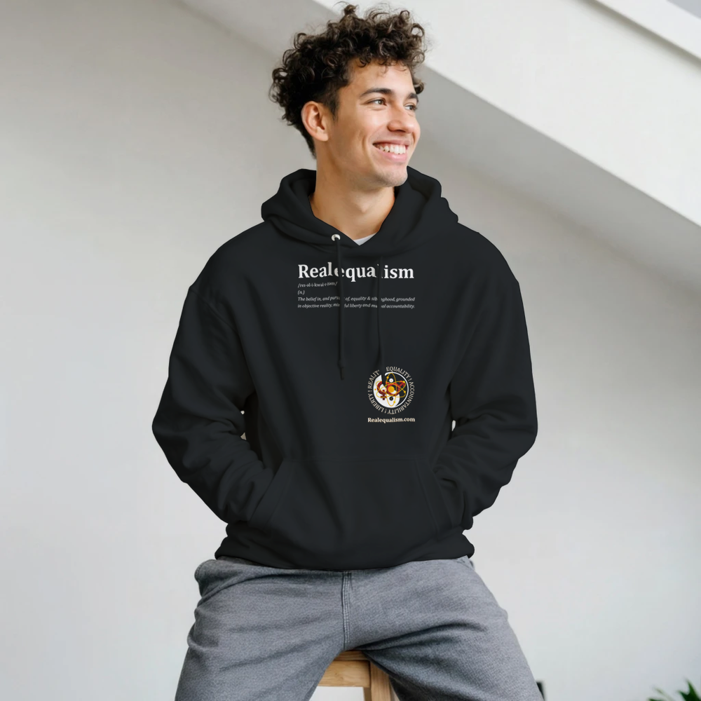 White Gelato Realequalism Definition Heavyweight Luxury Hoodie with bold black lettering on the front.