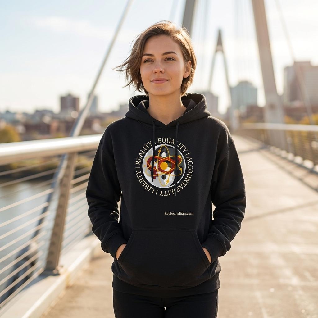 White heavyweight luxury hoodie by Gelato with black Realequalism logo print on the front.