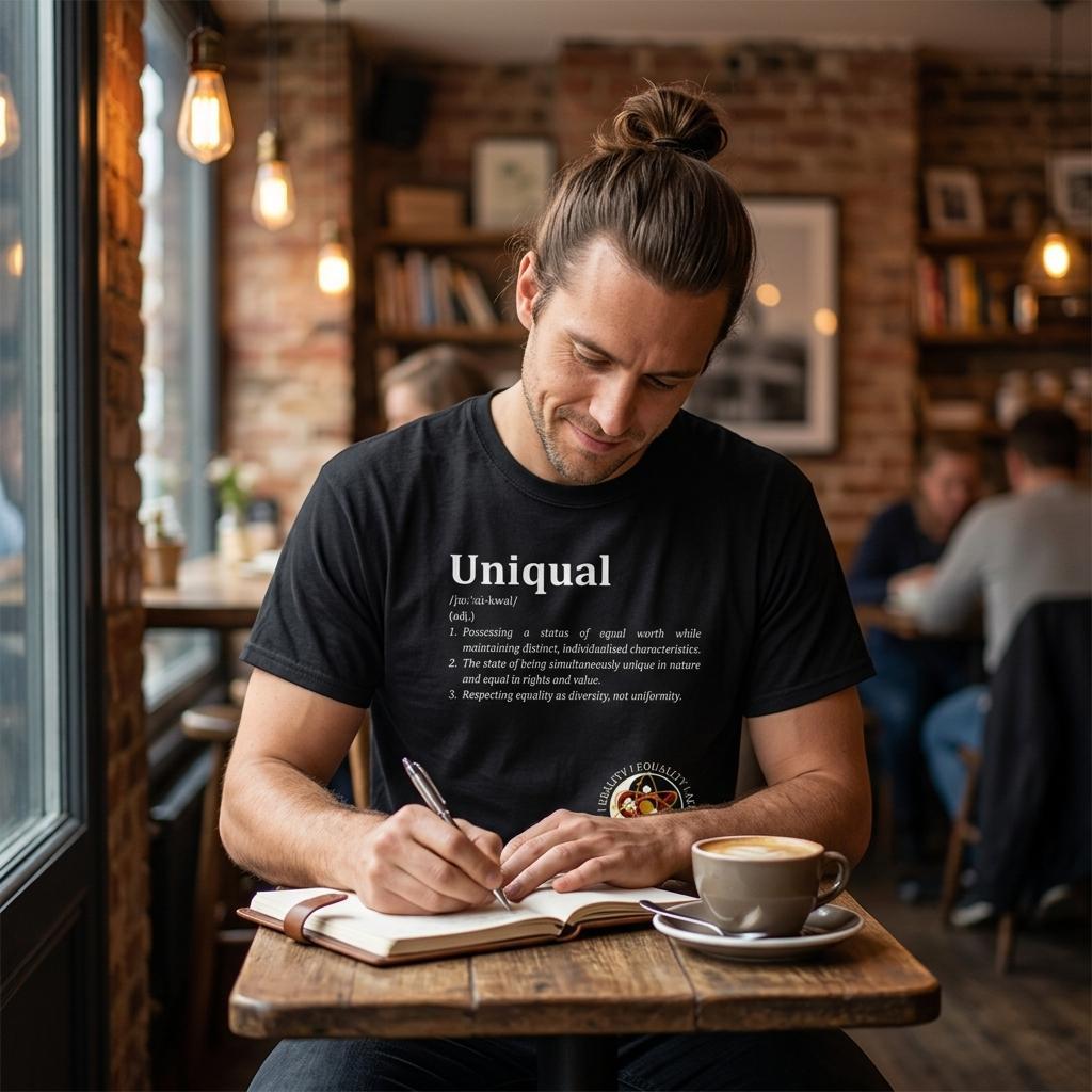 Gelato Uniqual Definition 100% cotton T-shirt with black lettering print on white fabric, showcasing casual graphic style.