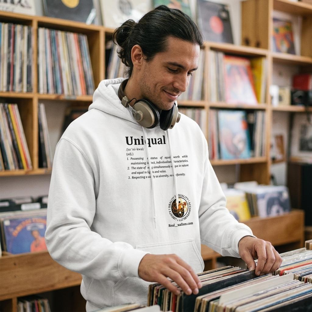 White Gelato Uniqual Definition heavyweight luxury hoodie with black lettering, featuring print material and a comfortable, stylish fit.